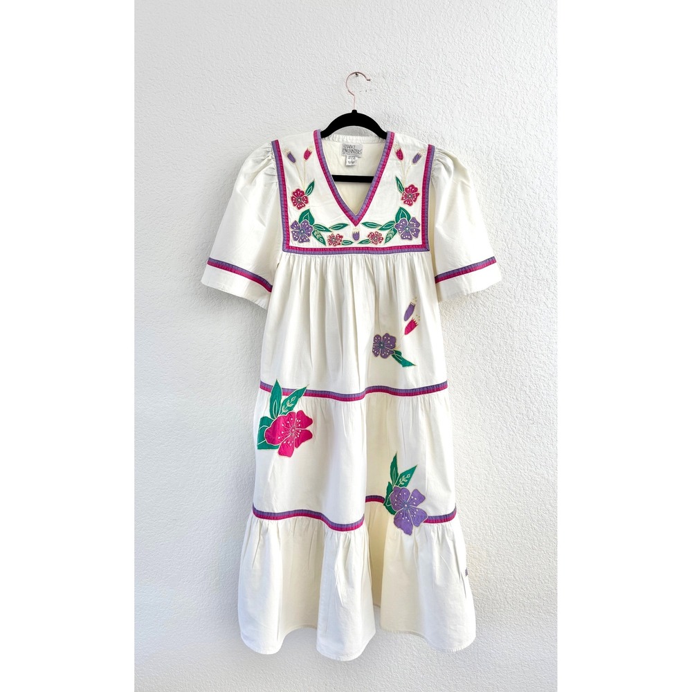 Chance Encounters Dress Womens Small Cream VTG Embroidered Cotton Tiered Midi
